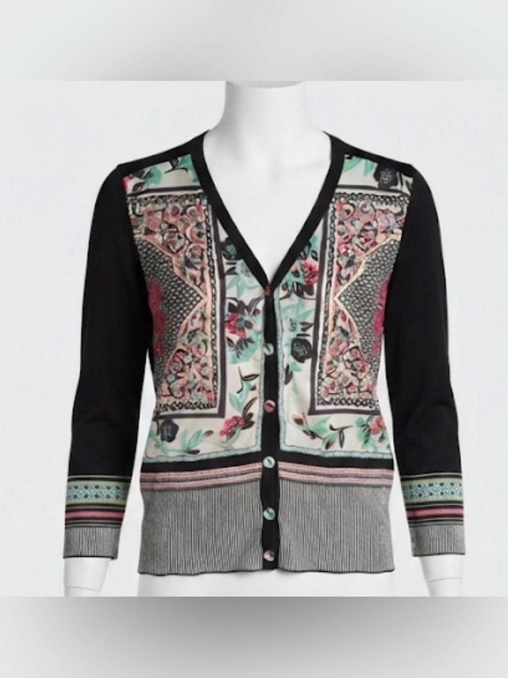 ETRO Milano Italy Black Silk & Cotton Paisley Floral Front Cardigan Sz IT 44 / S
